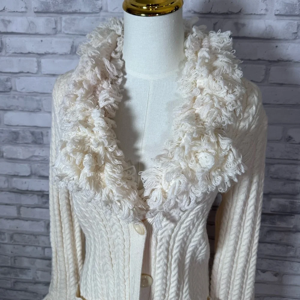 Vintage Nine West Cream Cable Knit Long Crochet Cardigan with Fringe Trim